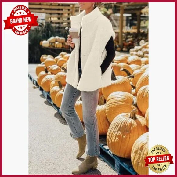 Oversized Fleece Sherpa Vest with Pockets, Button Down, Thigh Length - Picture 2 of 7